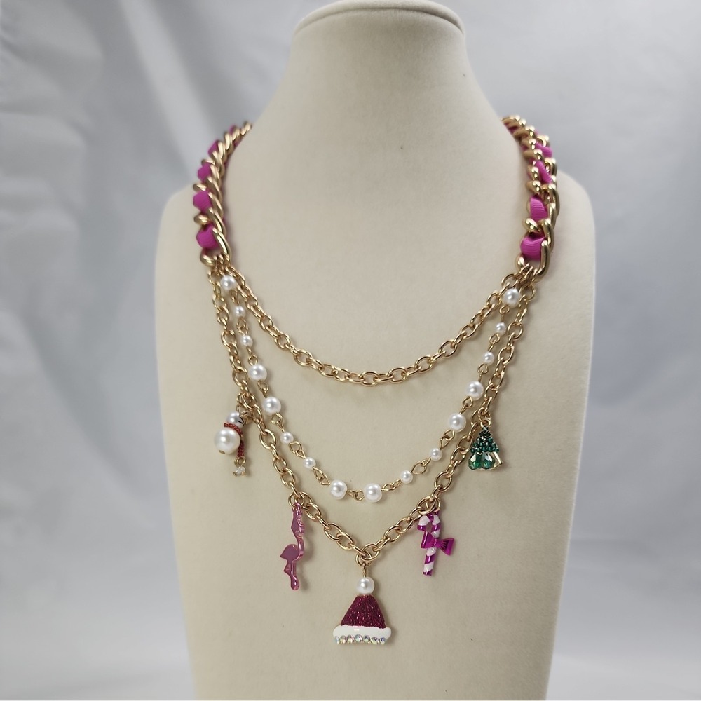 Betsey Johnson 🎄Christmas Winter 🎅 Charm Gold Necklace Pink🦩 Ribbon MSRP $228